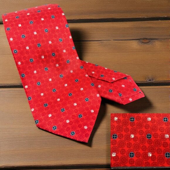 DolcePunta Men’s Silk Tie Red Circle Medallion Floral Italy Made 59x 3.5” Preppy - Picture 2 of 16